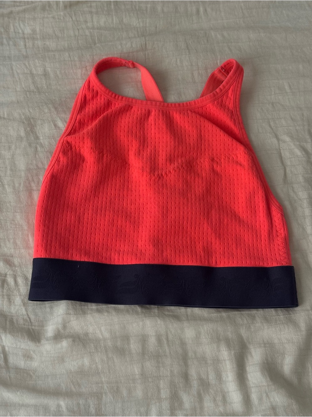 Fabletics Neon Coral Sports Bra with Navy Band